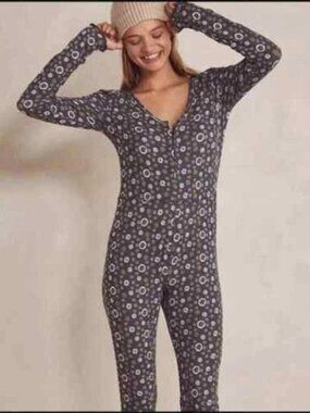 Free People Intimately Home Alone Long Johns Bodysuit Knit Gray Combo S/P